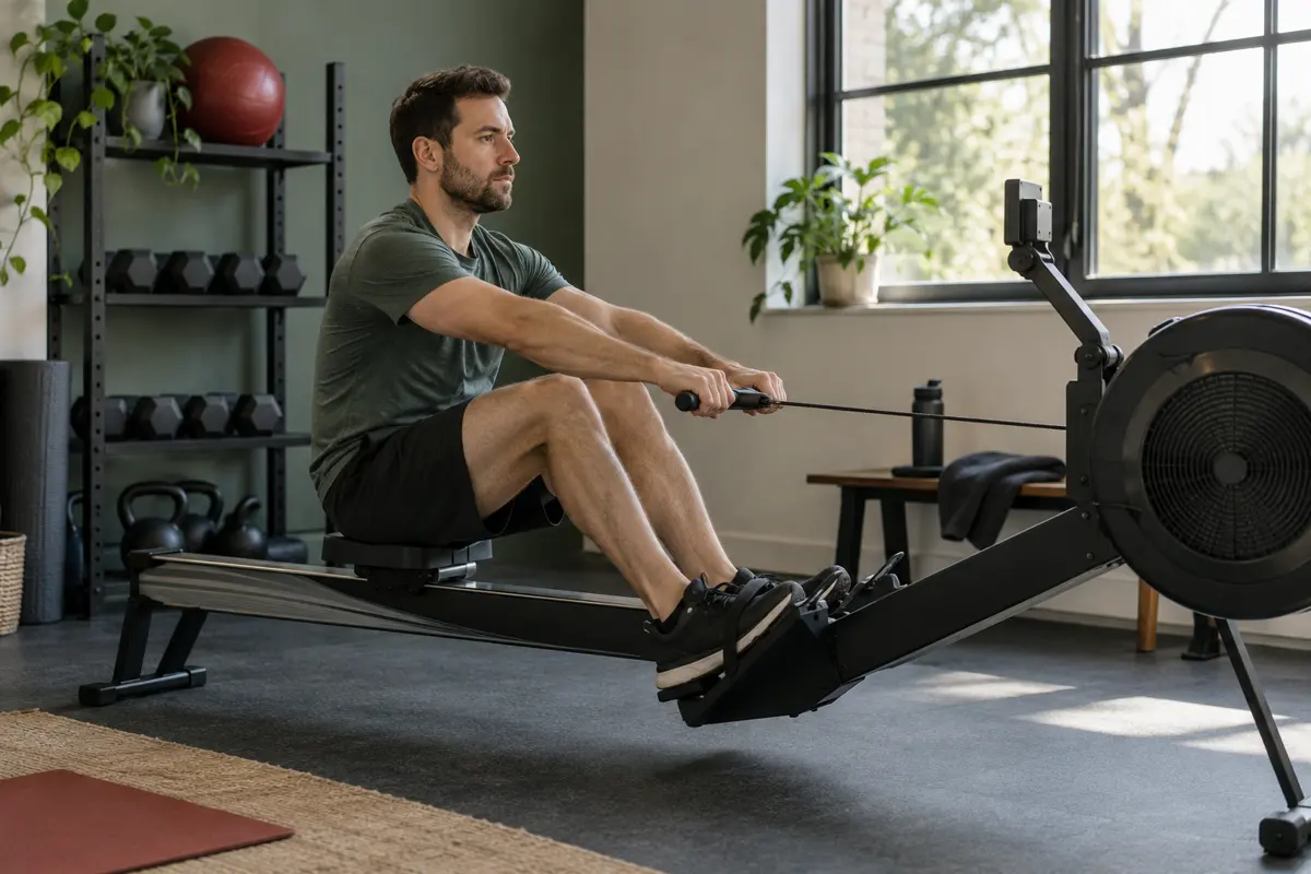 An adult doing a steady warm-up on a rowing machine
